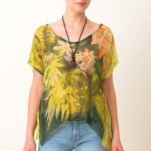 (B9) Emma & Gaia 100% Silk Floral Sheer Top - Yellow and Green, Size EU 40, NWT